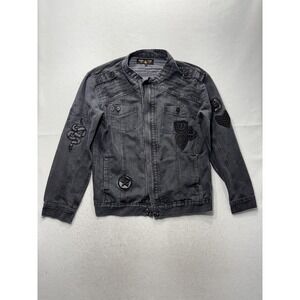 Ring Of Fire Mens XL Gray Denim Military Jacket Skull Snake Patches Biker Moto